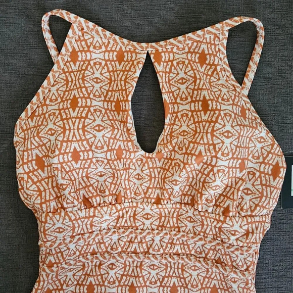 Ellen Tracy Orange Print key hole High Neck Over-The-Shoulder One Piece Swimsuit - Picture 11 of 15